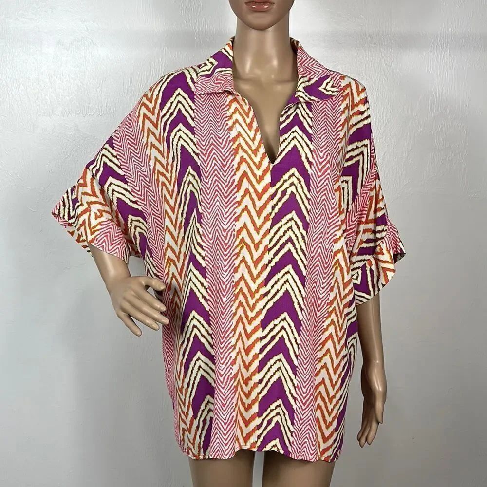 ❤️Last Chance Natori Colorful Chevron Mid-Length Sleeve Tunic Top Size M